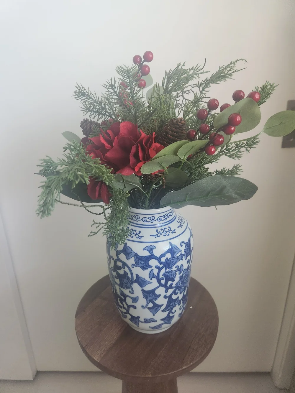 Blue and White Chinoiseire Ceramic Ginger Jar Vase with Holiday Pine Arrangement